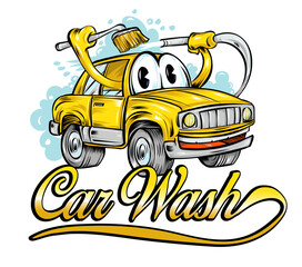 Yellow car wash cartoon. vector illustration