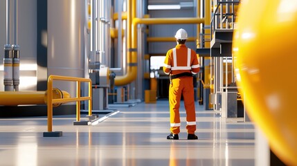 Fototapeta premium Industrial worker in orange uniform standing in factory with yellow pipes and metal structure