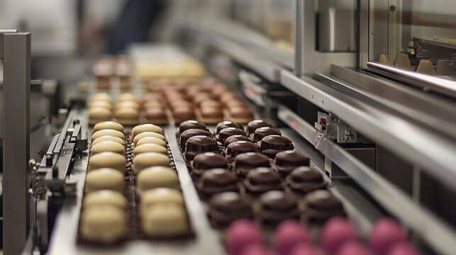 Confectionery production line with rows of chocolate and vanilla marshmallow treats on conveyor belt