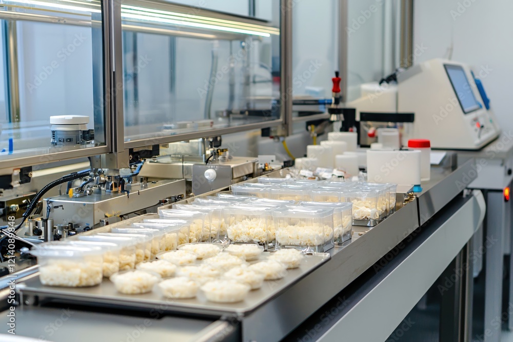 Poster automated food production line with containers and conveyor belt in a clean factory setting