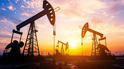 Naklejka premium Oil pump jacks silhouette against a vibrant sunset sky with clouds and warm light