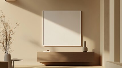 A minimalist interior with a blank white frame on a soft gradient beige, brown paired with a modern credenza.