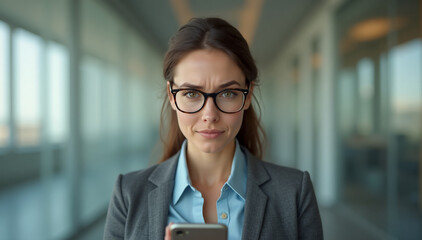A professional businesswoman in her mid 30s holds a smartphone in her hand, her posture conveying disappointment and frustration as she stares directly into the camera