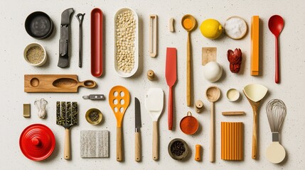 Kitchen utensils and ingredients flat lay arrangement on speckled surface for cooking concept