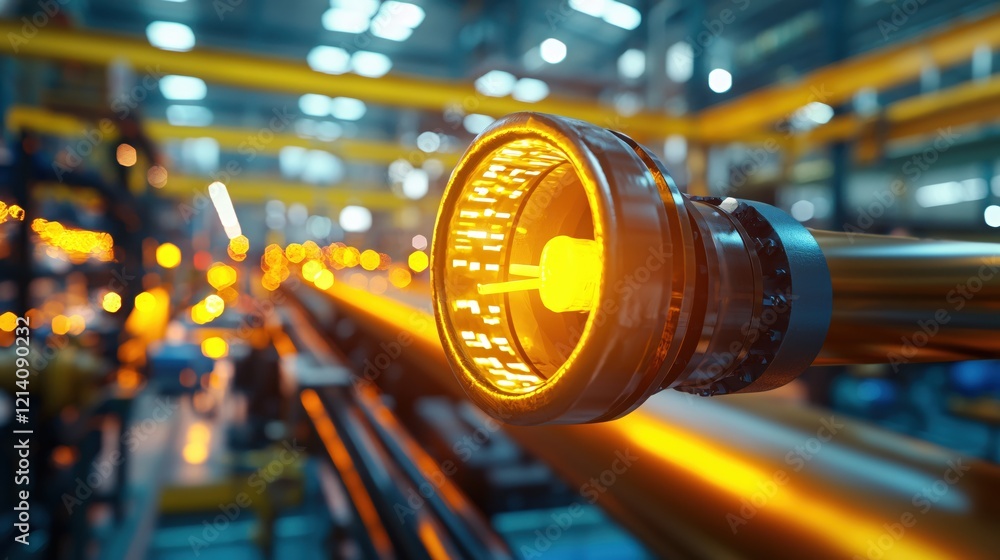 Poster glowing industrial pipe with bright light in a factory setting with blurred background