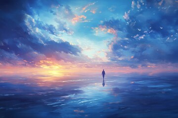 Silhouette walks on reflective surface under cloudy sky.