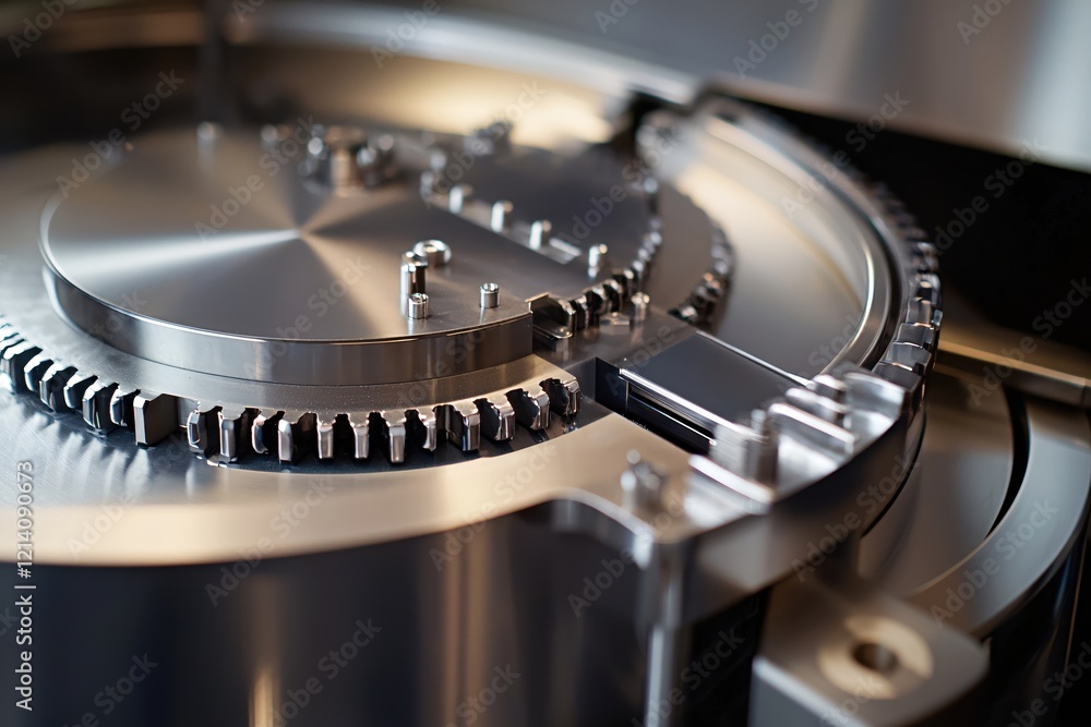 Poster metallic gear mechanism with precise engineering and industrial design in a close up view