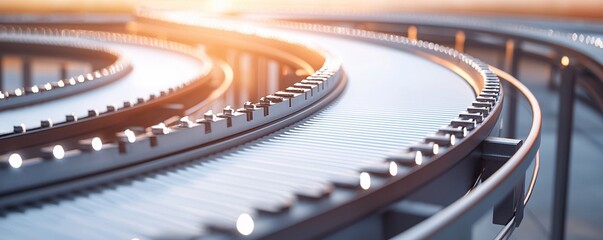 Naklejka premium Curved conveyor belt with light spots illuminated by a warm sunset glow in a factory setting