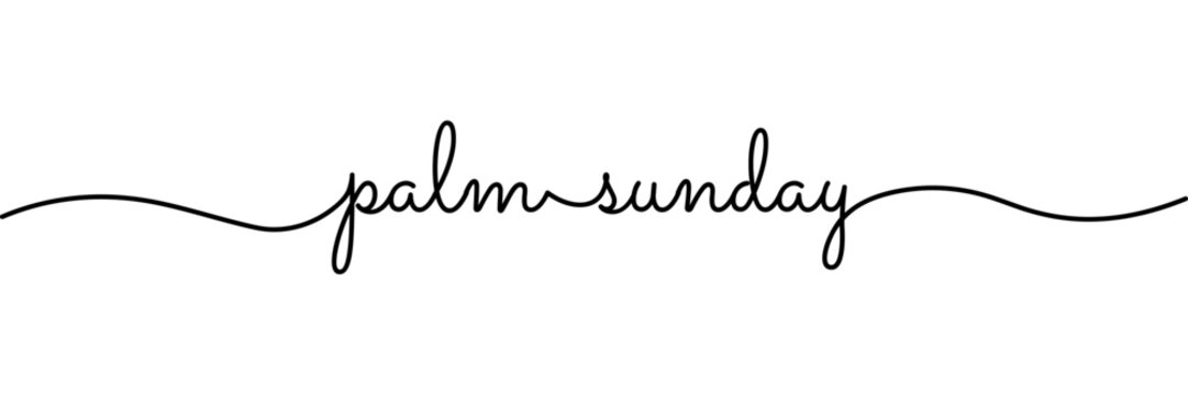 Calligraphic palm sunday text in ballpoint pen style isolated on white background. Rounded palm sunday sign in script text with small caps text . Vector Illustration.
