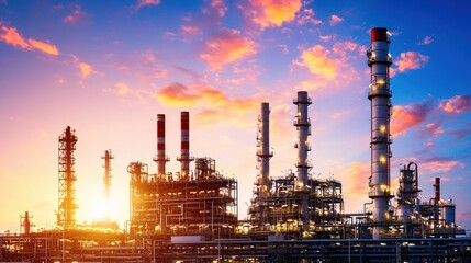 Obraz premium Industrial landscape with refinery at sunset with vibrant sky and bright lights on the structure