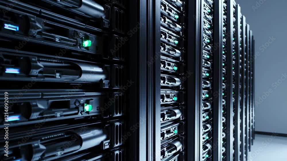 Poster close view of advanced server racks in a modern data center with illuminated indicators during night