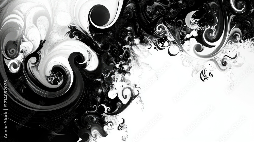 Poster abstract swirls in black and white with intricate patterns and shapes
