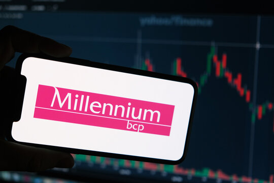 Moscow, Russia &mdash; 11.19.2024: the Millennium BCP bank's logo on the background of the stock market chart, Banco Comercial Portugues