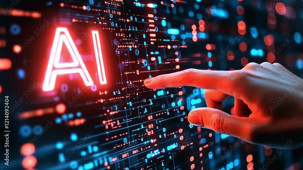 Poster a hand interacts with an illuminated ai symbol on a digital interface.