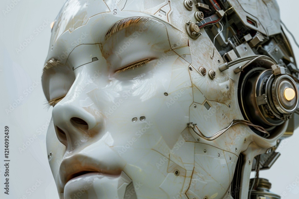 Poster serene android face with closed eyes, showcasing advanced technology and artificial intelligence