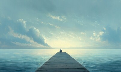 Person sits on dock facing horizon, blue sky.