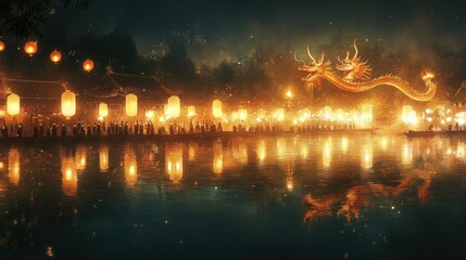A serene riverside dragon dance, the performers reflected in the calm water, glowing lanterns illuminating the scene, soft and mystical atmosphere, symmetrical composition