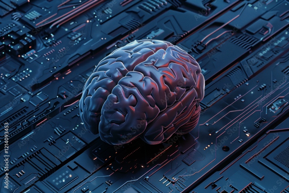 Poster 3d rendering of a human brain lying on a circuit board, symbolizing artificial intelligence and mach