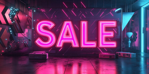 "SALE" written in bold retro-style letters with vibrant colors, surrounded by a 1980s-inspired aesthetic, including neon lights, cassette tapes, and geometric patterns