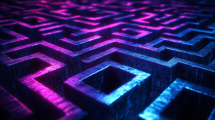 A complex maze of interlocking geometric shapes, glowing neon lines of blue and purple, floating in a dark, infinite void, intricate patterns with sharp angles and smooth curves, futuristic art 