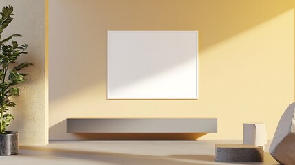 A minimalist yet warm space featuring a blank white frame on a gradient beige, yellow, , paired with a sleek modern credenza.