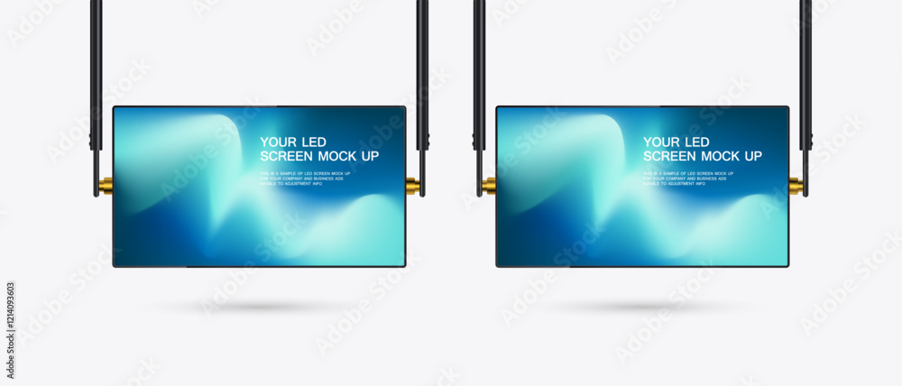 Aufkleber set of two hanging led screens mockup with gradient blue screen. a hanging technology led screen moc