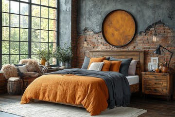 A stylish and modern bedroom interior is complemented by autumn decor