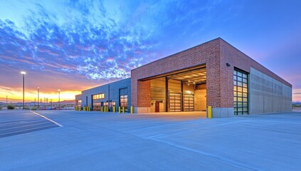 Obraz premium Modern warehouse exterior with large steel doors and a blue sky at sunset. Aamir1022 --ar 53:30 --v 6.1 Job ID: 0f8bd8ea-35a9-445e-9e73-d24a887cb5db