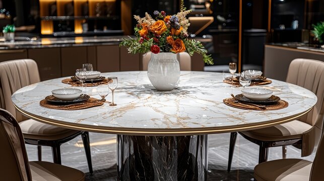 An elegantly appointed dining room featuring a wooden table, comfortable chairs, and sophisticated decor