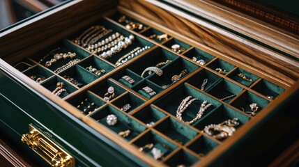 An open jewelry box with compartments neatly organizing a collection of fine jewelry.