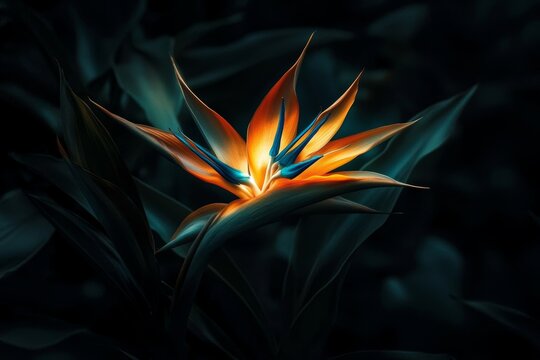 A crane flower, also referred to as bird of paradise, isigude, Strelitzia reginae, or Strelitzie, stands out against a black background.