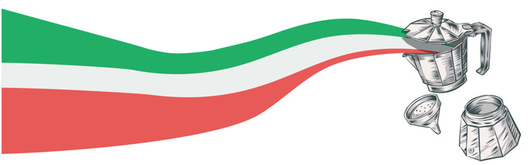  Italian moka, Traditional Espresso hand drawn with Italian flag background. Vector illustration