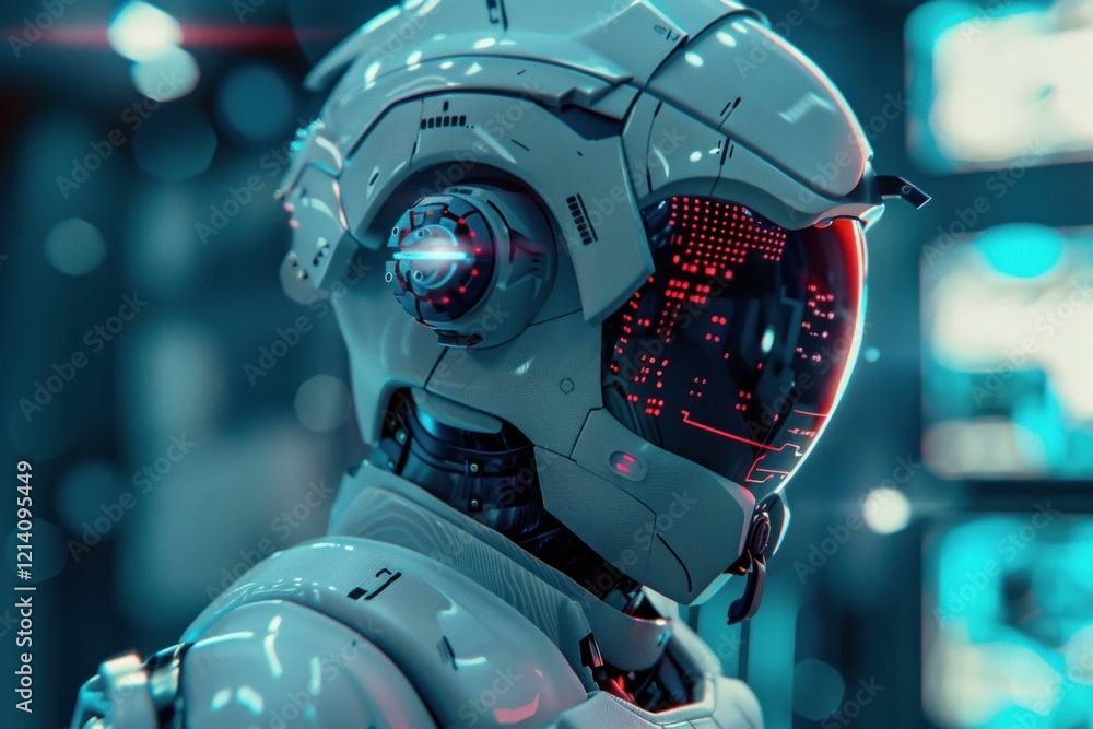 Poster cyberpunk robot wearing futuristic helmet with head up display working in server room