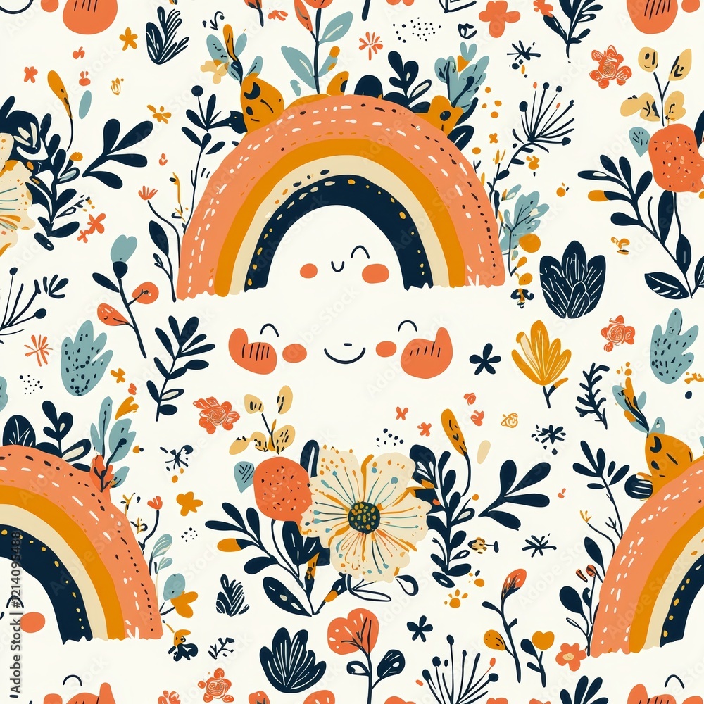 Poster seamless pattern with an abstract daisy flower and minimal doodle rainbows.