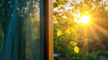 Sunlit Leaves Seen Through Sheer Curtain.