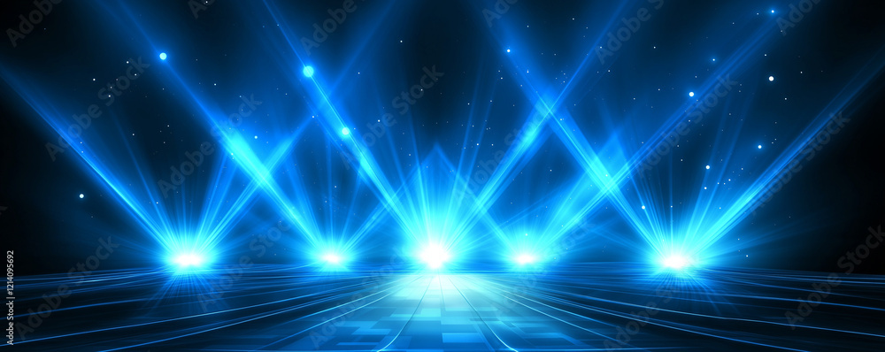 Poster abstract background with blue gradient light streaks on black: glowing horizontal lines and blurred 