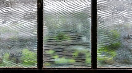 Grunge Window Pane with Hexagonal Pattern and Blurred Green Background.