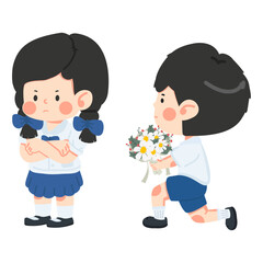 Boy is holding flowers to apologize to a girl