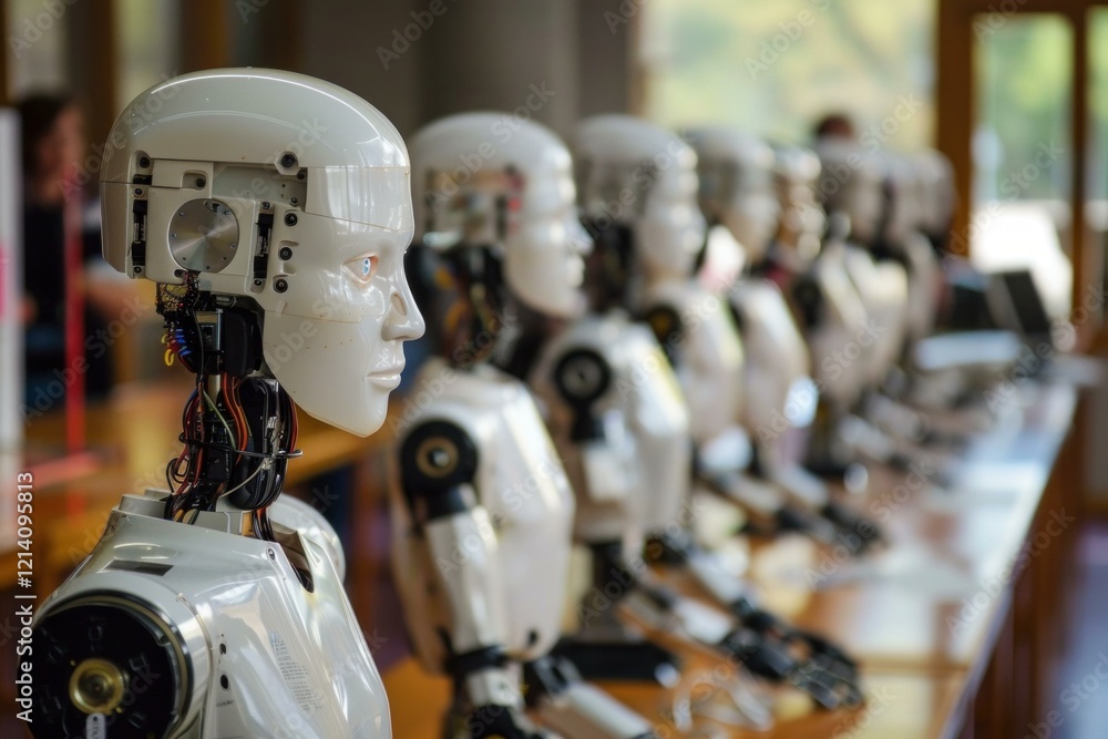 Poster row of robots with exposed circuits standing in a tech company