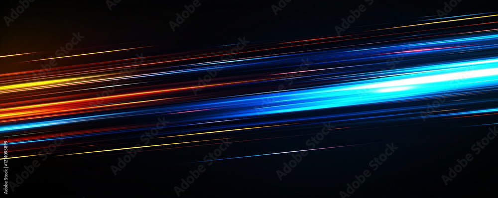 Poster abstract background with blue gradient light streaks on black: glowing horizontal lines and blurred 