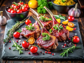 Grilled Lamb Chops with Herbs and Cherry Tomatoes on Slate