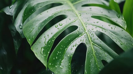 Fototapeta premium Lush Green Monstera Leaf with Dew Drops, Close-up View.
