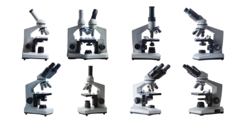 Various Microscope Designs for Scientific Research, PNG collection, set bundle, isolate on transparent or white background