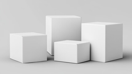Minimalist composition of three blank white boxes on a gray background, ideal for product packaging or design mockups.