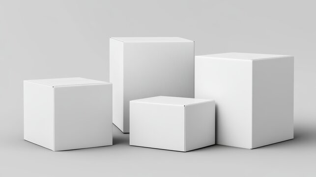 Minimalist composition of three blank white boxes on a gray background, ideal for product packaging or design mockups.