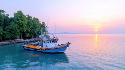 Obraz premium Sunrise over calm sea, fishing boat moored near island shore