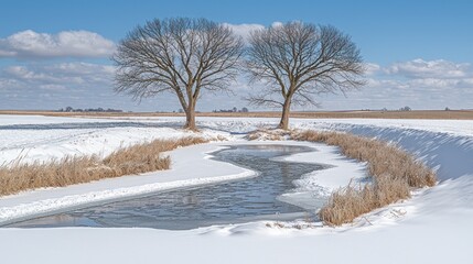 Serene Winter Landscape with Frozen Stream and Two Symmetrical Trees