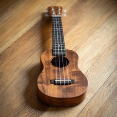 Obraz premium Wooden Ukulele Resting On A Wooden Floor