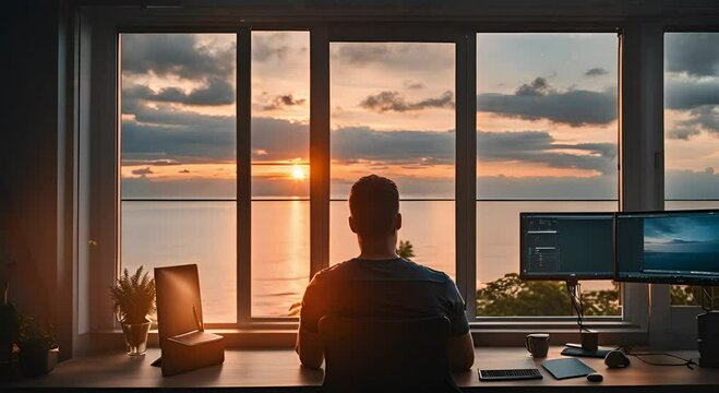 Ocean View From Workspace, Seamless loop 4K.