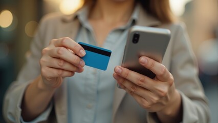 Engaging in online shopping with a smartphone and credit card at a cozy cafe